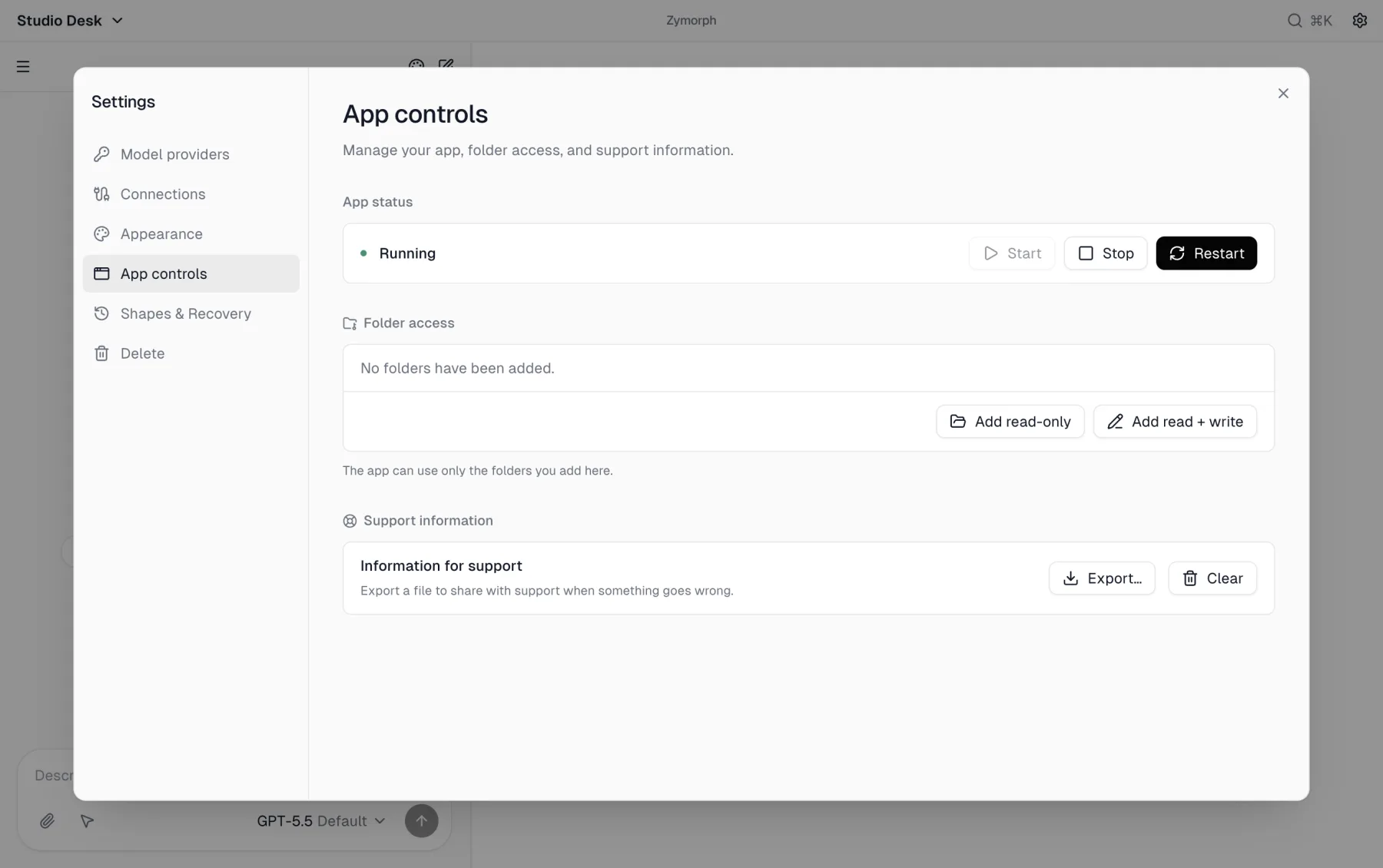 App controls with local app status, folder access, and support information