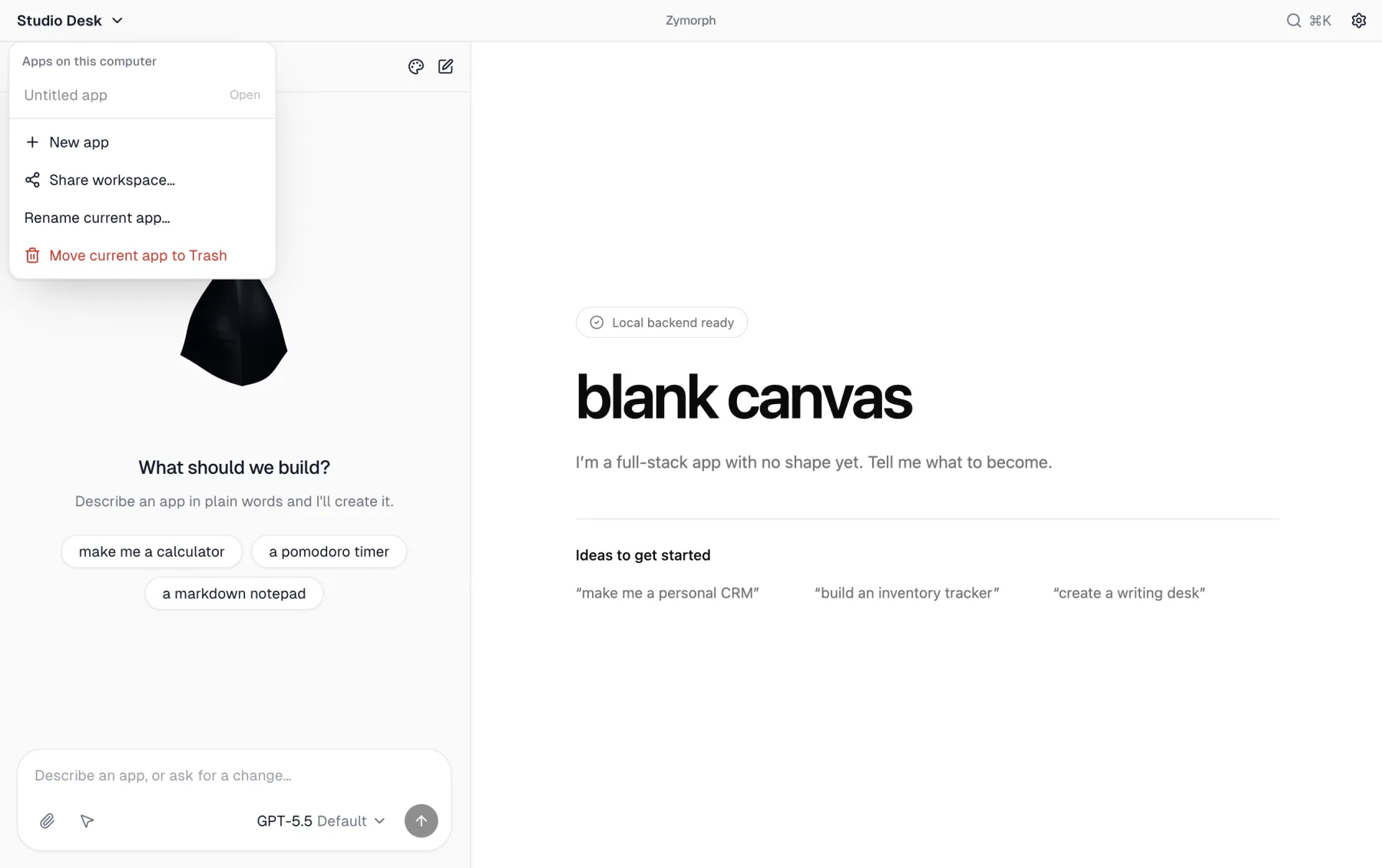 The app menu for Studio Desk
