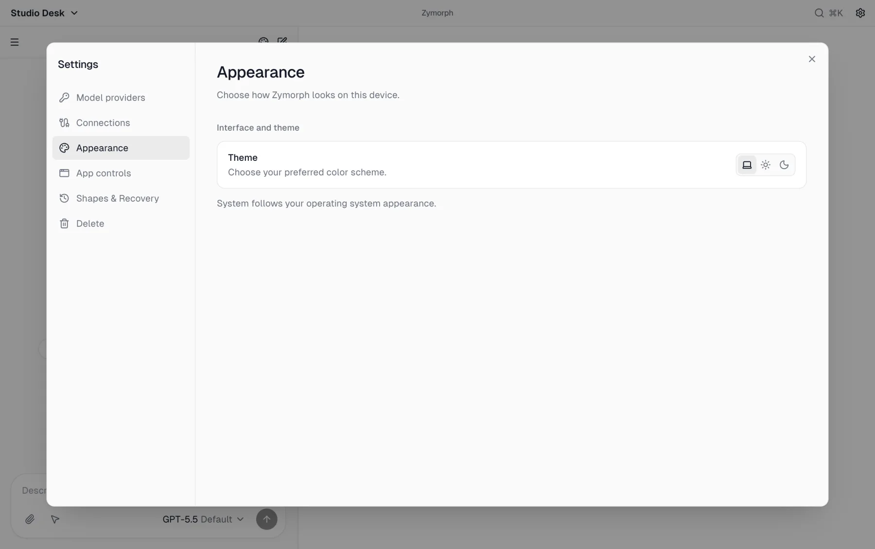Appearance settings with System, Light, and Dark