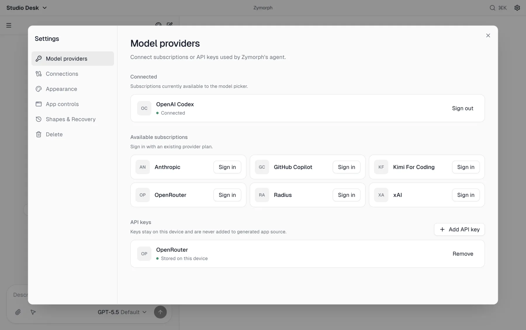Model provider Settings with connected subscriptions and API keys
