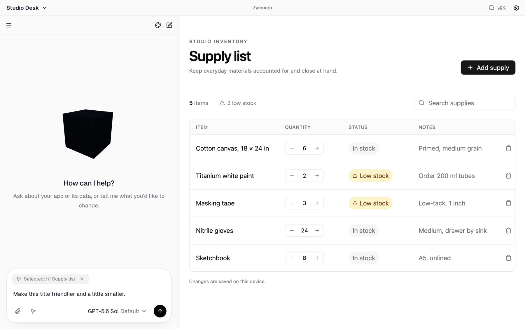 The Supply list heading selected with Point at UI