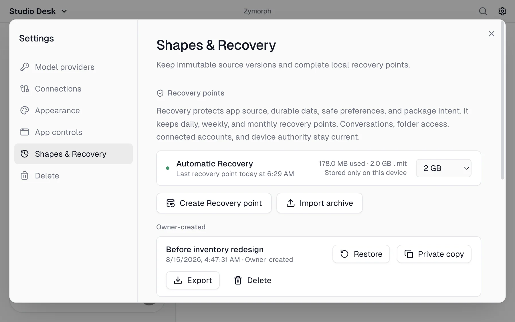 Shapes & Recovery with active Automatic Recovery and an owner-created point